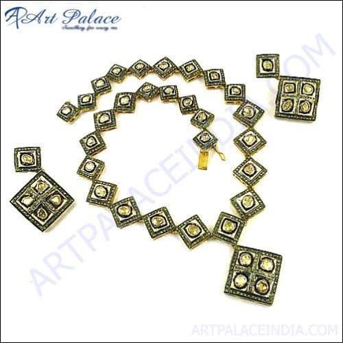 New Heavy & Beautiful Real Diamond Necklace With Earrings Set, 925 Sterling Silver Gorgeous  Victorian Sets Yellow Victorian Sets