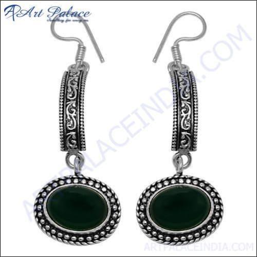 New Indian Design Green Onyx White Metal Earring