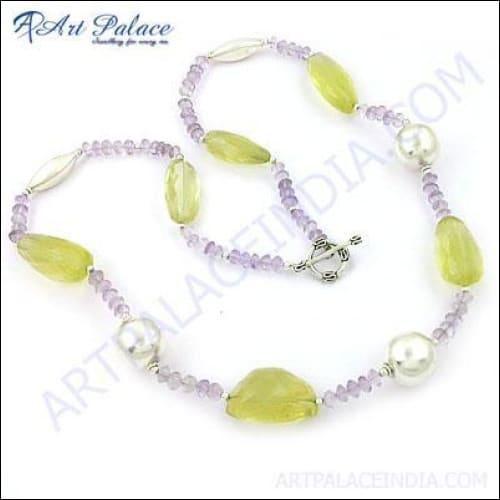 New Natural Amethyst & Lemon Quartz Gemstone Silver Necklace