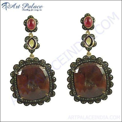 New Party Wear Diamond & Ruby Stones Victorian Earrings Jewelry For Women's, 925 sterling Silver