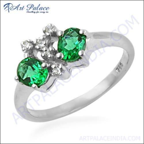 New Shiney Green & White Cubic Zirconia Gemstone Silver Ring