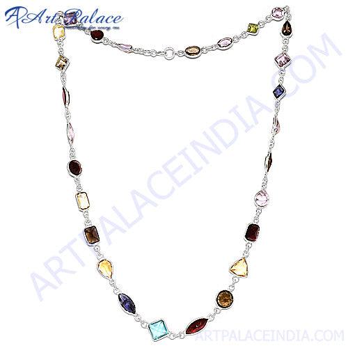 New Simple Multi Gemstone Jewelry Necklace, 925 Sterling Silver Jewelry