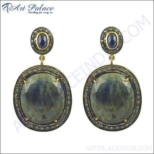 NEW Victorian Style Diamond, Sapphire & kyanite Stones Earrings Jewelry, 925 Sterling Silver