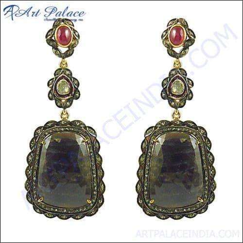 Newest Design Diamond & Sapphire In Victorian Earrings Jewelry, 925 Sterling Silver