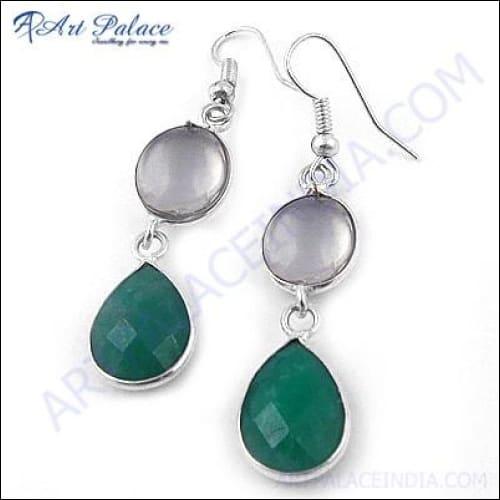 Newest Fashion Crystal & Green Onyx Earring German Silver Earrings Latest Earrings