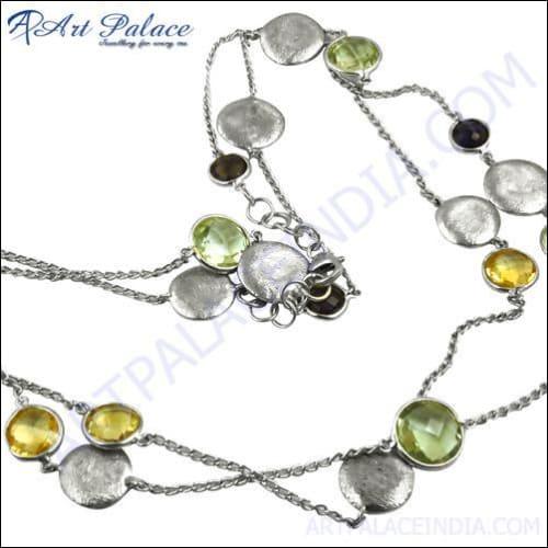 Newest Style Citrine, Green Amethyst & Smokey Quartz Silver Necklace