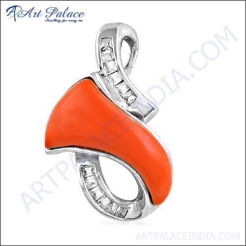 Newest Style Coral & Cz Gemstone Silver Pendant