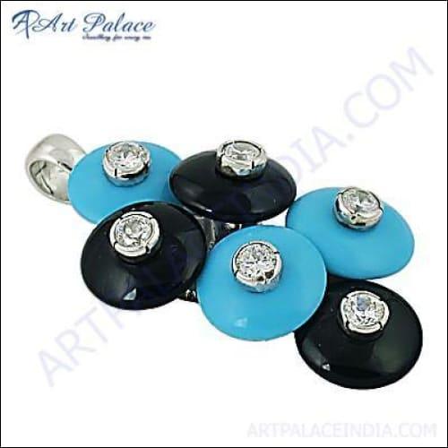 Newest Style Fashion Black Onyx & CZ & Synthetic Turquoise Gemstone Silver Pendant, 925 Sterling Silver Jewelry