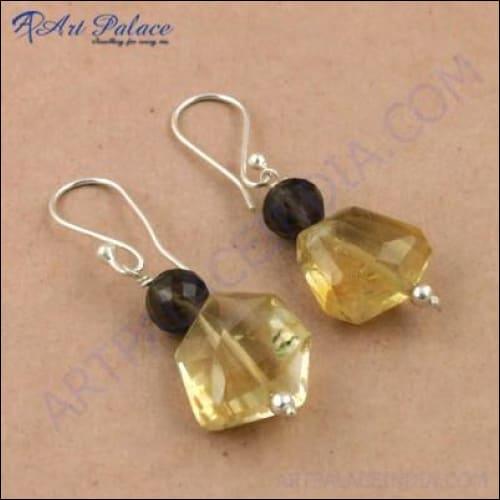 Newest Style Lemon & Smokey Quartz Gemstone Silver Earrings Coolest Beaded Earrings Awesome Beaded Earrings