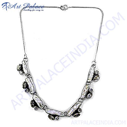 Newly Design Cubic Zircon & Pearl Stone 925 Silver Necklace