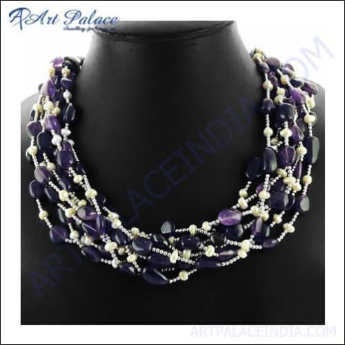 Party Wear Amethyst & Pearl Beads Silver Necklace