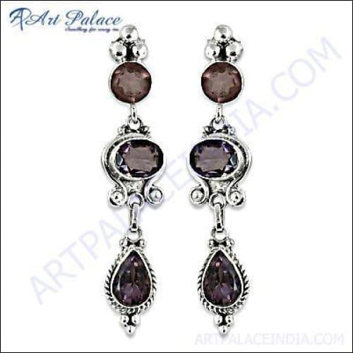 Party Wear Amethyst Long Silver Earrings