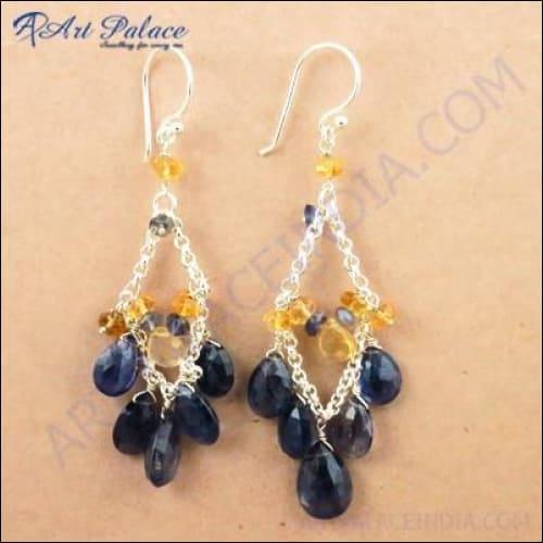 Party Wear Citrine & Iolite Gemstone Silver Earrings Gorgeous Beaded Earrings Fancy Beaded Earrings