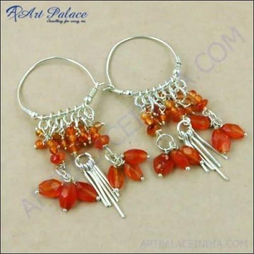 Party Wear Designer Carnelian Gemstone Silver Earrings Carnelian Beaded Earrings Handmade Earrings