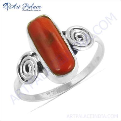 Party Wear Designer Coral Gemstone Silver Ring, 925 Sterling Silver Jewelry