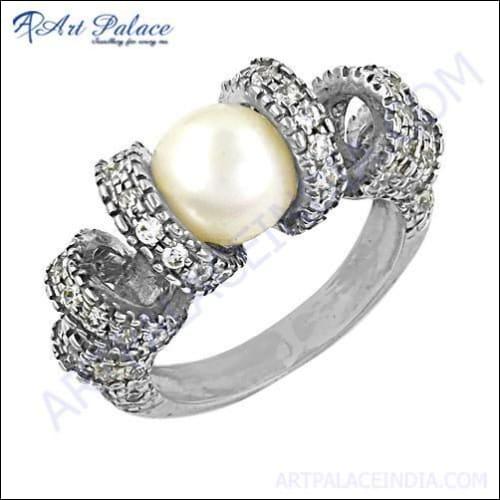 Party Wear Designer Cubic Zirconia & Pearl Silver Ring
