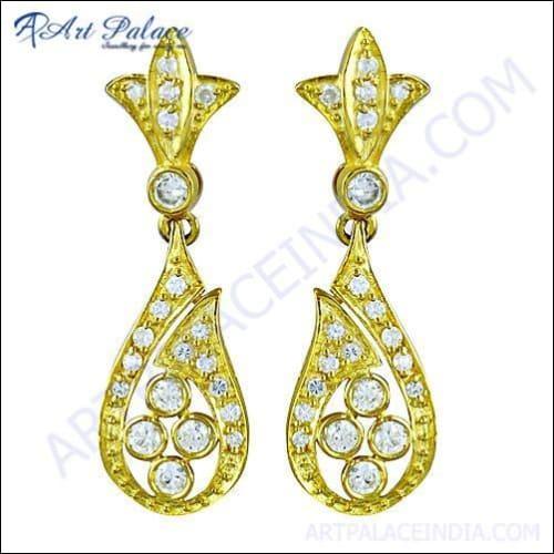 Party Wear Designer Cz Gold Plated Silver Earrings