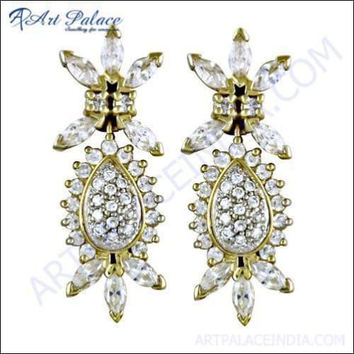 Party Wear Designer CZ Silver Gold Plated Earrings