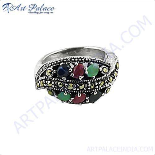 Party Wear Designer Emerald & Sapphire Silver Ring Marcasite Ring Precious Gemstone Marcasite Rings