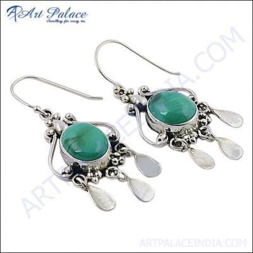 Party Wear Designer Silver Malachite Gemstone Earrings Malachite Earrings Gemstone Silver Earrings