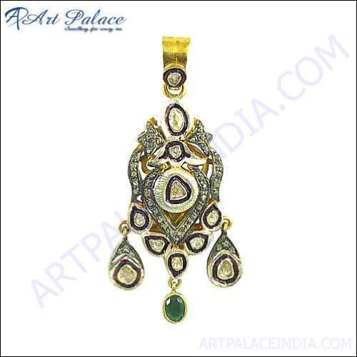 Party Wear Diamond & Sapphire Gold Plated Silver Victorian Pendant, 925 Sterling Silver Jewelry