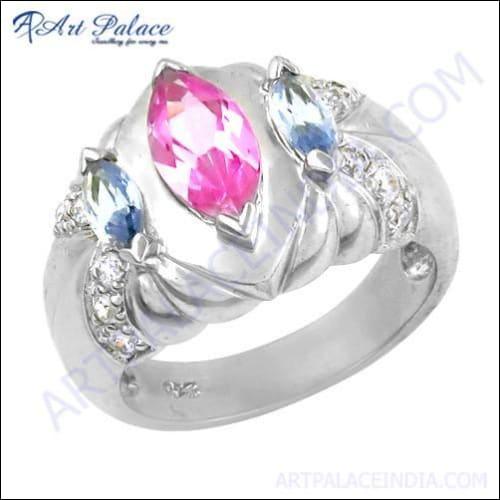 Party Wear Exclusive Blue Topaz & Multi Cubic Zirconia Silver Ring, 925 Sterling silver Jewelry