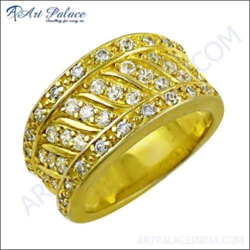 Party Wear Gold Plated Silver Ring With Cubic Zirconia