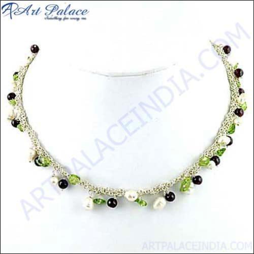 Party Wear Peridot & Garnet Silver Necklace