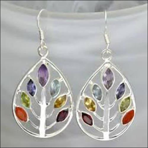 Pear Shape Multi Gemstone Silver Earring Leaf Design Earrings Energy Gemstone Earrings