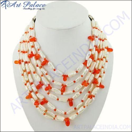 Pearl & Red Onyx Silver Necklace