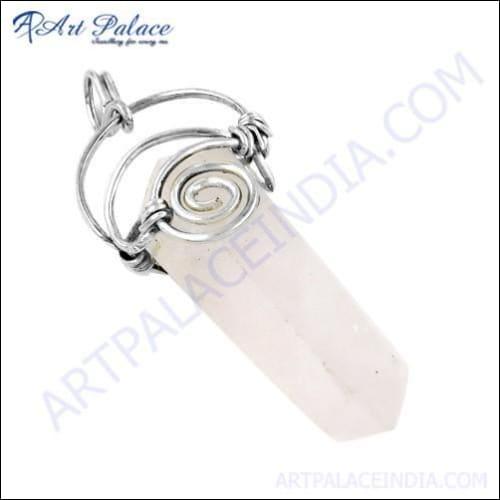 Pencil Style Rose Quartz Gemstone Silver Pendant