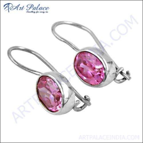 Pink Cubic Zirconia Gemstone Silver Earrings Handmade CZ Earring 925 Silver Earring