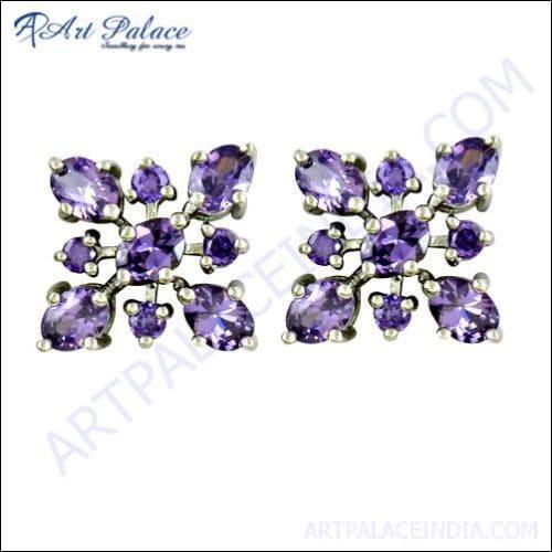 Popular Amethyst Zircon Gemstone Silver Stud Earrings