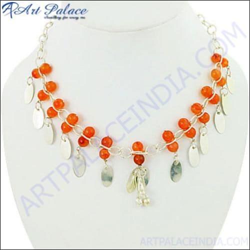 Popular Design & Beautiful Red Onyx Gemstone Silver Necklace