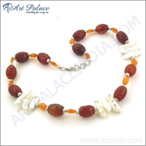 Popular Design & Hot Sale Fashion Pearl & Red Onyx Gemstone Silver Necklace