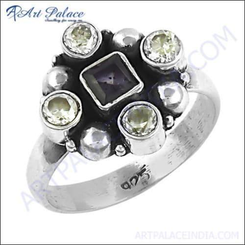 Popular Design Cubic Zirconia & Iolite Gemstone Silver Ring, 925 Sterling Silver Jewelry