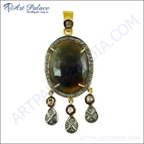 Precious Antique Diamond & Sapphire Gold Plated Silver Pendant Fancy Victorian Pendant Gemstone Victorian Pendant