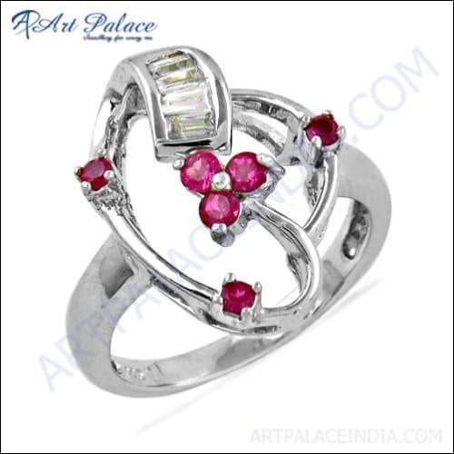 Precious Antique Style Pink & White CZ Silver Ring