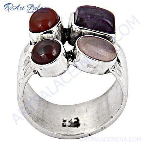 Precious Multi Gemstone Silver Ring, 925 Sterling Silver Jewelry