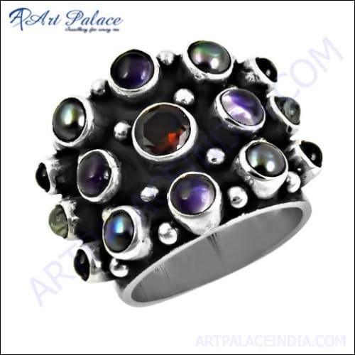 Premier Passion Affrican Amethyst & Black Pearl & Garnet & Rainbow Moonstone Gemstone Silver Ring, 925 Sterling Silver Jewelry