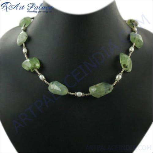 Prenite And Pearl Gemstone Silver Necklace