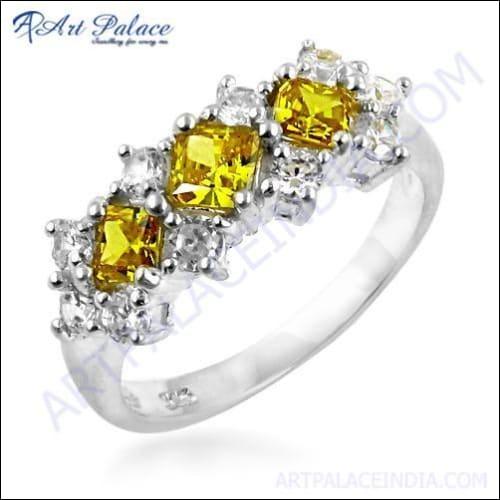 Pretty Antique Style Cubic Zirconia & Yellow Cubic Zirconia Gemstone Silver Ring