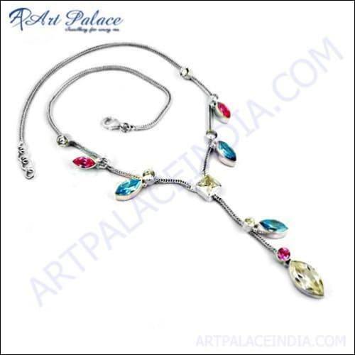 Pretty Blue & White & Pink Zirconia Gemstone Silver Necklace