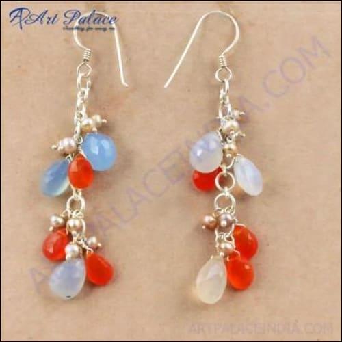 Pretty Blue Chalcedony & Carnelian & Pearl Gemstone Silver Earrings