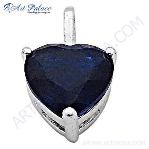 Pretty Blue Glass Gemstone Silver Heart Pendant. CZ Jewelry
