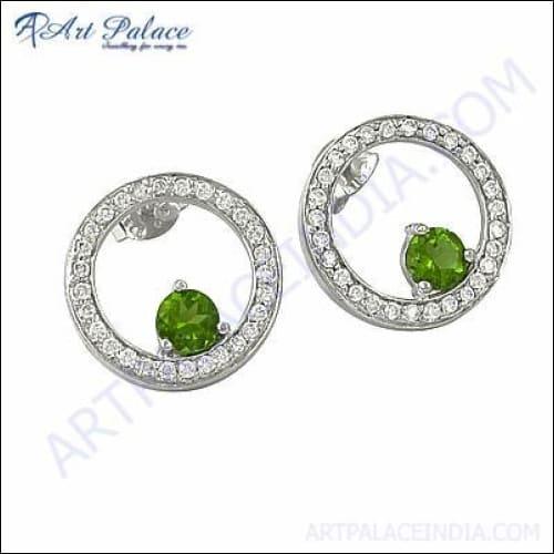Pretty Cubic Zirconia & Peridot Zircon Gemstone Silver Earrings