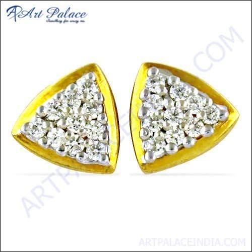 Pretty Cubic Zirconia Triangle Stud Gold Plated Silver Earrings