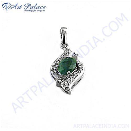 Pretty CZ & Dyed Emerald Silver Pendant