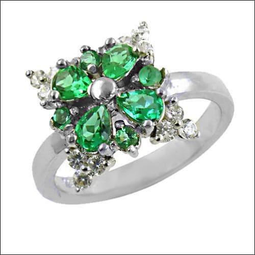 Pretty Flower Green & White Cubic Zirconia Silver Ring