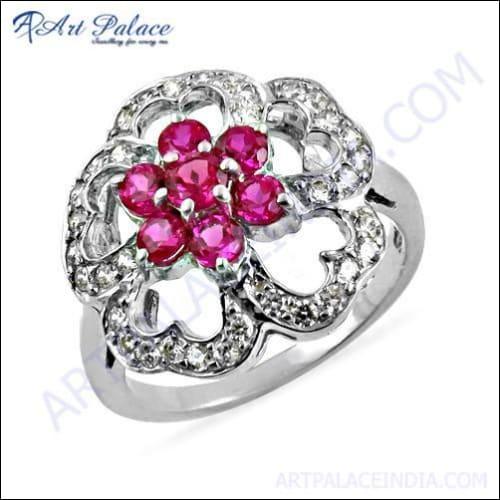 Pretty Flower Shape Silver Ring With Red & White CZ